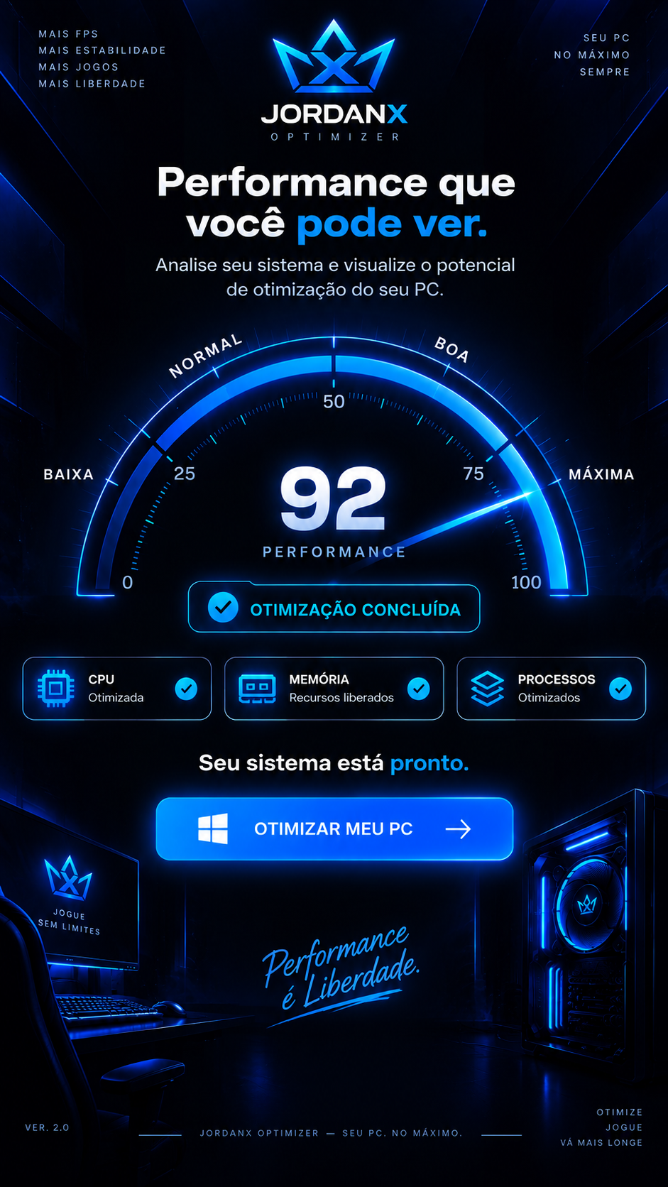 Painel do JordanX Optimizer mostrando a performance do PC em 92