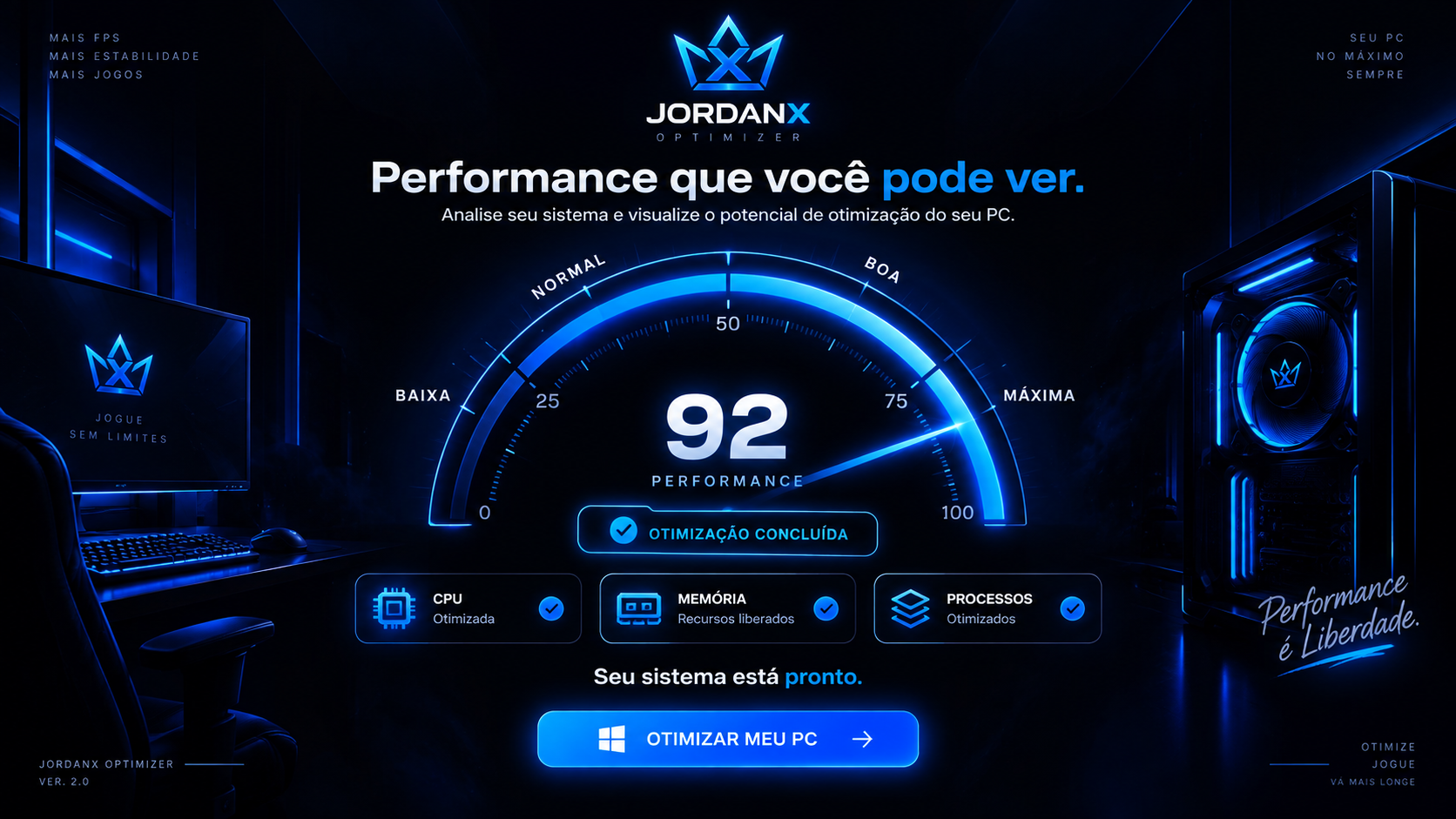 Painel do JordanX Optimizer mostrando a performance do PC em 92